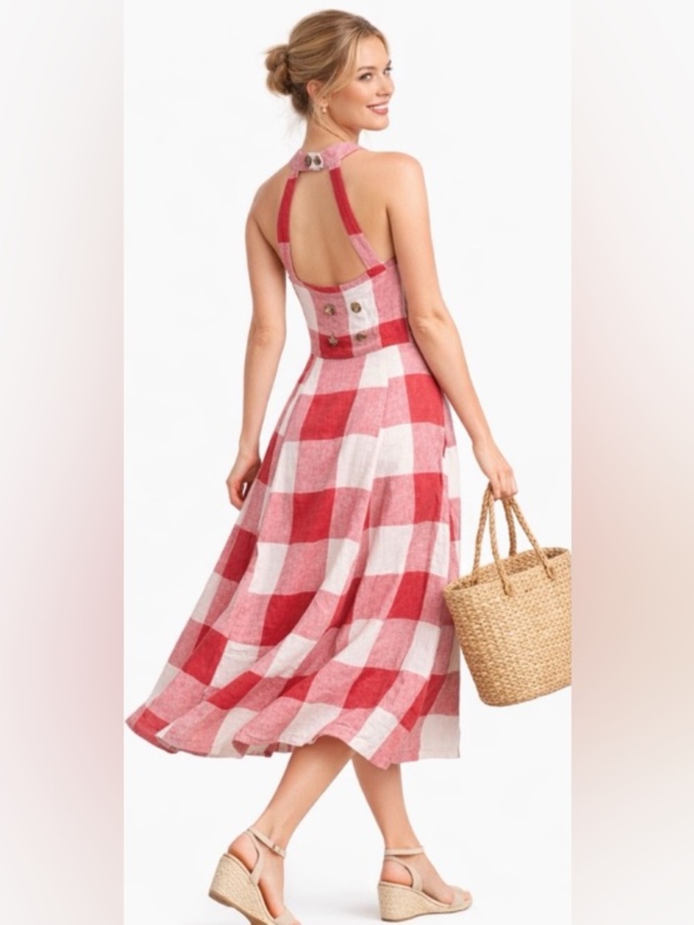 NWT Crown & Ivy SZ 2 Red White Picnic Gingham Halter Midi Pocket Dress Linen
